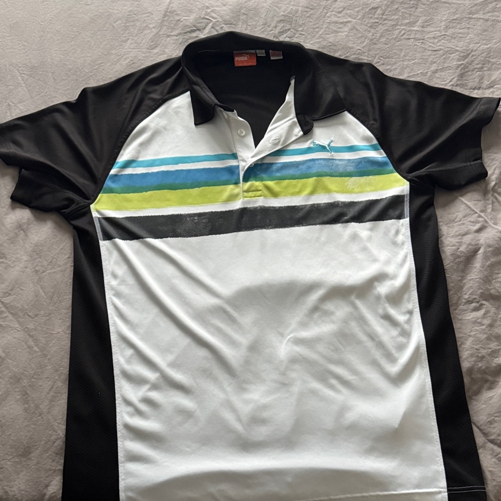 Puma Black and White Polo with Blue and Green Stripes